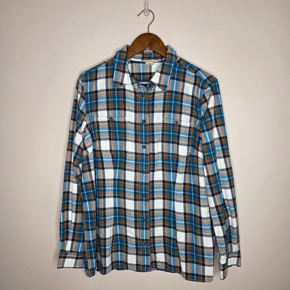 Duluth Trading Co Cotton Plaid Flannel Button Shirt Womens L Blue Brown Autumn - Picture 2 of 9